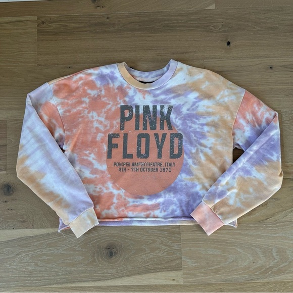 Pink Floyd Graphic Sweatshirt Pink Orange Tie Dye Cropped Crew Neck Pullover - Picture 1 of 7